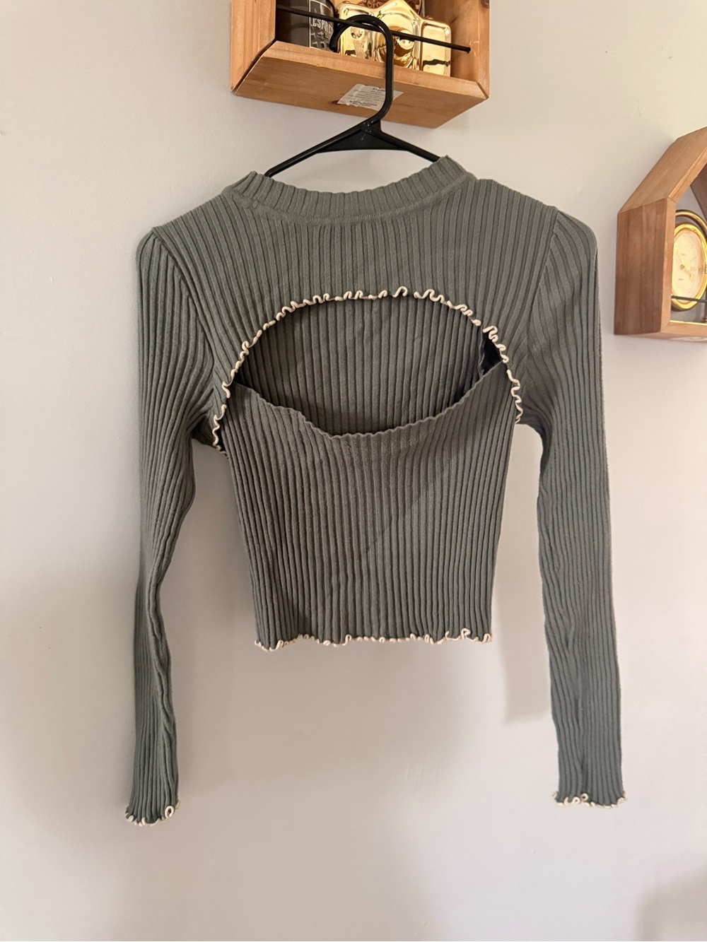 Blue Blush Olive Cutout Ribbed Long-Sleeve Crop Top with Cream Trim